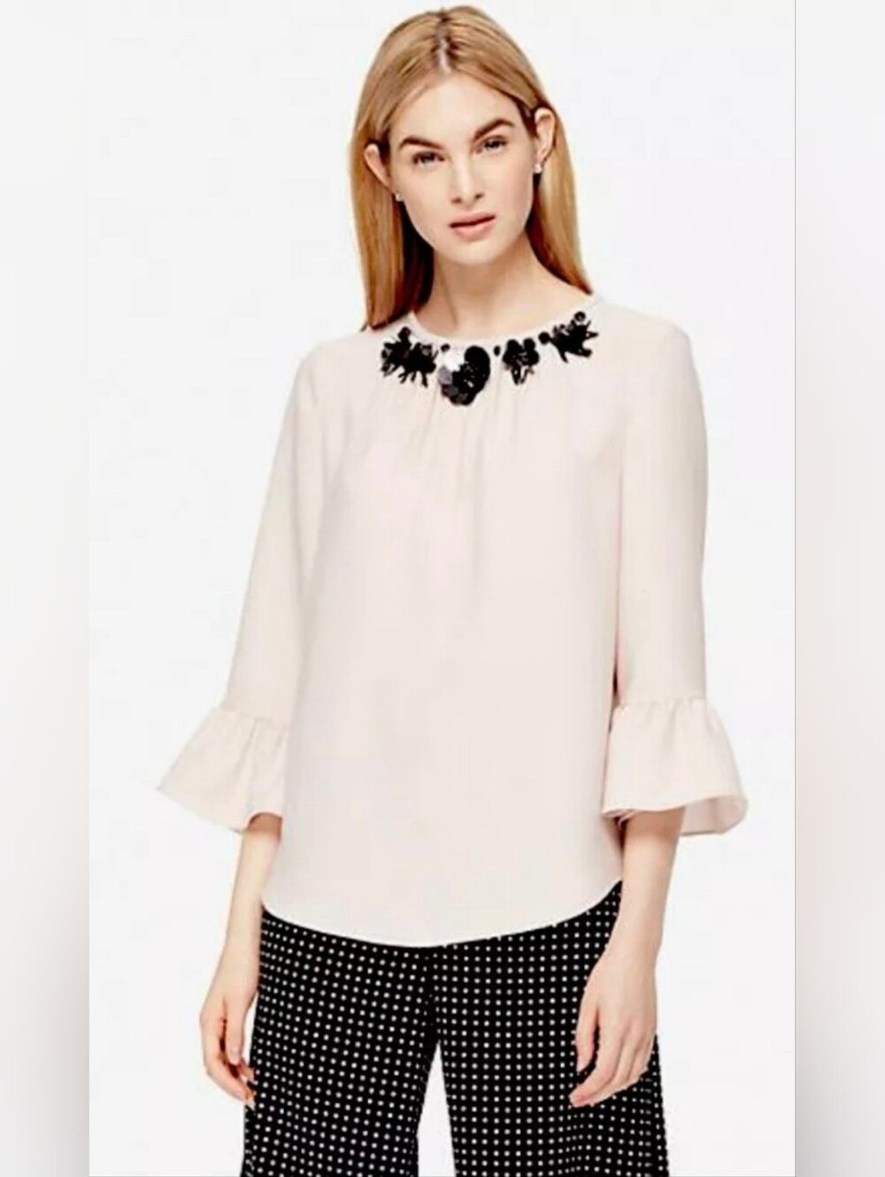 kate spade Light Pink Blouse with Black Floral Neck Appliqué Sz XS